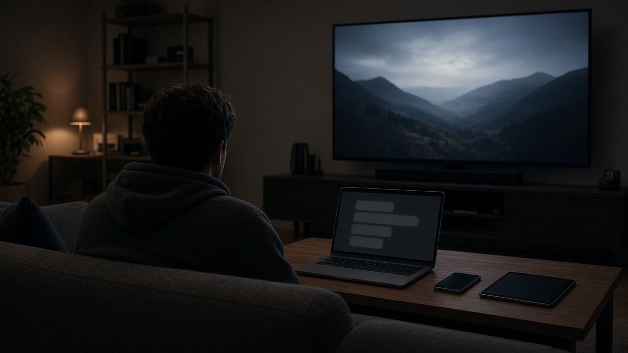 Personne de dos devant un téléviseur, avec un ordinateur, un téléphone et une tablette sur la table.