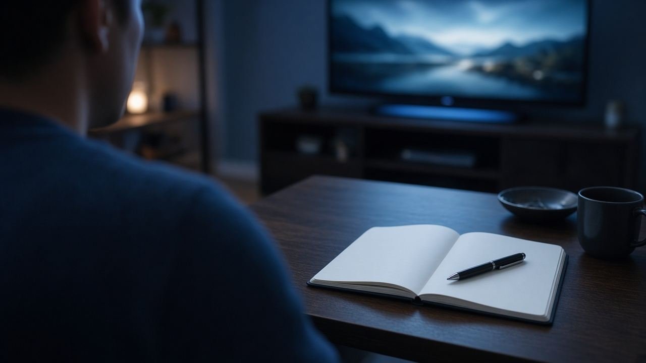 Personne devant un téléviseur, un carnet ouvert vierge et un stylo posés sur la table.