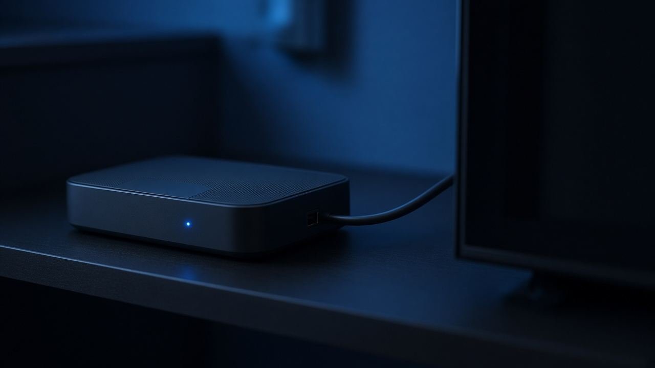 Boîtier réseau sur une étagère, relié par un câble à un téléviseur, avec une petite lumière bleue.