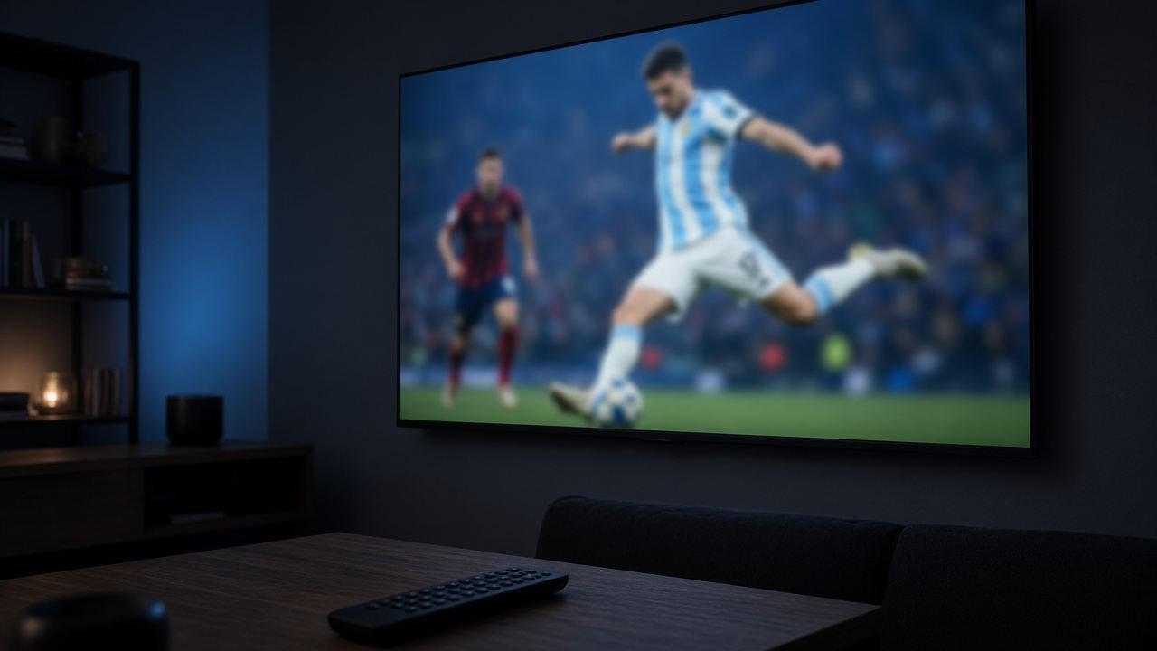Gros plan d’un téléviseur mural diffusant un match flou, avec une télécommande sur la table.