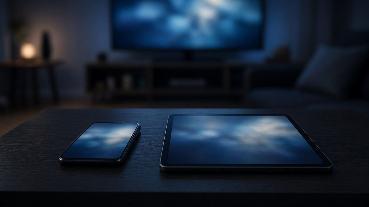 Smartphone et tablette sur une table basse, affichant la même image, devant un téléviseur.