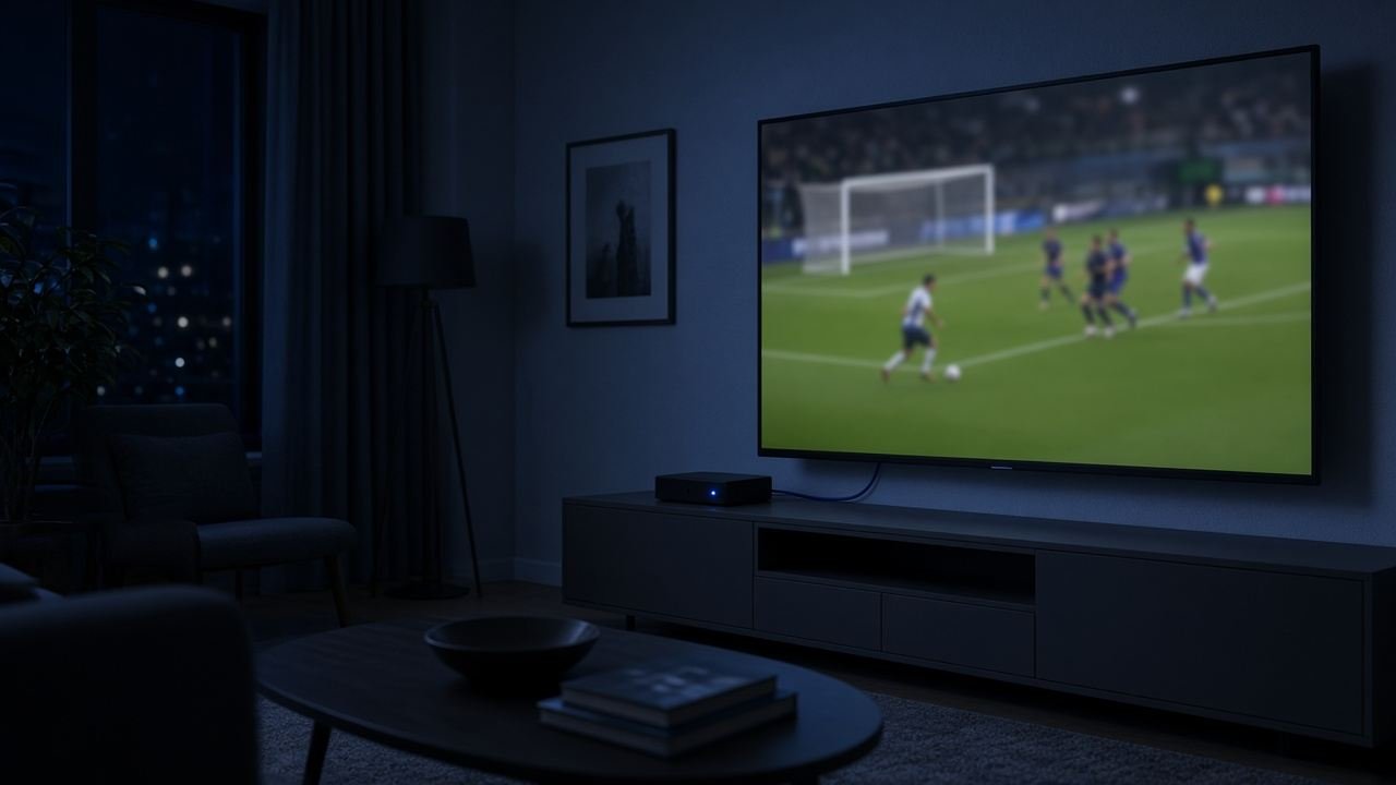 Salon sombre avec un téléviseur diffusant un match, relié à un petit boîtier par un câble.